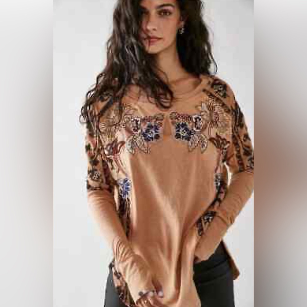 Free People Tall Tales Embroidered Tan Women's Top